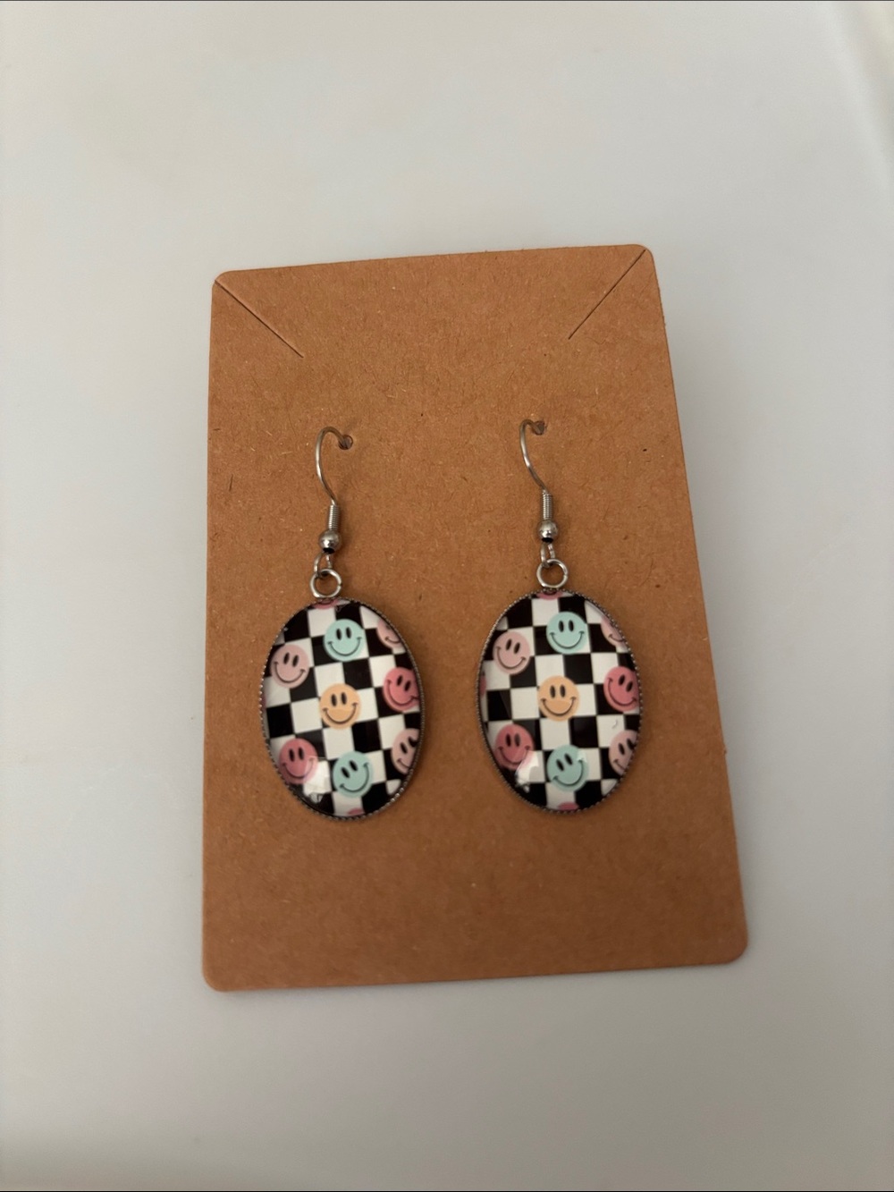 Fashion Jewelry Pastel Smiley Checkerboard Oval Drop Earrings
